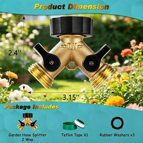 Brass Hose Splitter 2 Way With Shut Off Valves Heavy Duty Garden Hose Connector Y Adapter No Leak Includes Washers And Teflon Tape close-up with dimensions