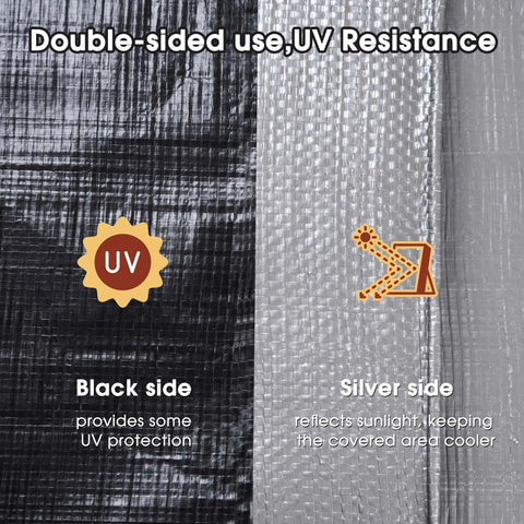 Double-sided black and silver 20 By 30 Ft Waterproof Heavy Duty Tarp With Eyelets And Reinforced Edges Reversible All Weather Shade