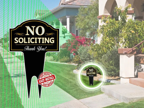 No Soliciting Yard Sign For Home And Business Made From Heavy Duty DiBond Aluminum Weatherproof Outdoor Metal Sign That Keeps Solicitors Away Deters Door Knockers And Bell Ringers With A Discreet Residential Look displayed in front yard.