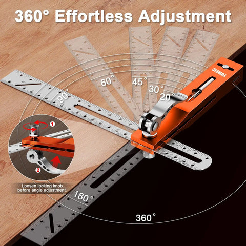 Top Shelf 9.45 Inch T Bevel Angle Finder With Heavy Duty Metal Extension Arm And Dual Scale Marking Scribe Tool showing 360° adjustment.