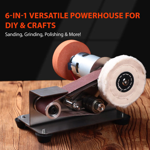 Super Slick Mini Belt Sander With Seven Adjustable Speed Settings For Knife Sharpening And Woodworking Or Light Metal Grinding No Fuss Compact Power Tool on wooden table