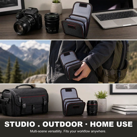 2 Pack 3 Pocket Camera Lens Filter Case Set For 25mm To 82mm Filters Water Resistant And Dustproof Belt Loop Pouch displayed in use.