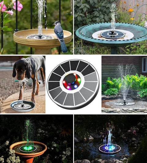Solar Glass Panel Fountain With 2200mAh Battery, 3.5W Floating Solar Water Pump For Bird Bath Garden Pond Pool Outdoor Use No Fuss Setup, Four Fixed Rods, White Panel With Colorful Lights shown in various garden and pond settings including close-up views.
