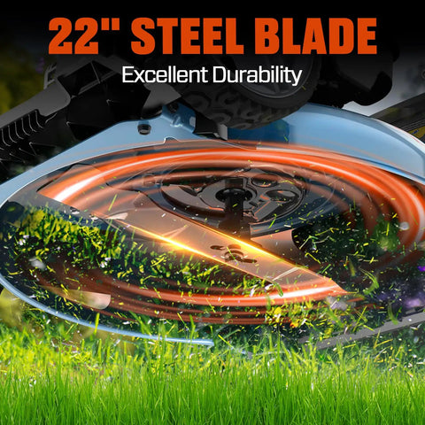 22 Inch 201cc Gas Lawn Mower With 3 In 1 Mulch Side Discharge Rear Bag Rear Wheel Self Propelled Drive Up To 2.9 MPH 4.7 HP OHV Engine That Cuts Like A Boss 22" steel blade shown cutting grass
