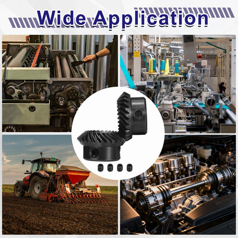 Collage of industrial settings featuring Two Piece 90 Degree 1 To 1 Spiral Bevel Gear Set Ground Mod 1 12mm Bore 25 Teeth