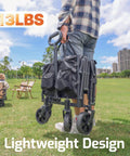 Person carrying a black collapsible wagon cart with 350lb load, expandable 100L storage, double bearing steering in a park