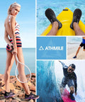 Collage of hiking barefoot water shoes for men and women in diverse activities like beach, kayaking, running, and surfing.