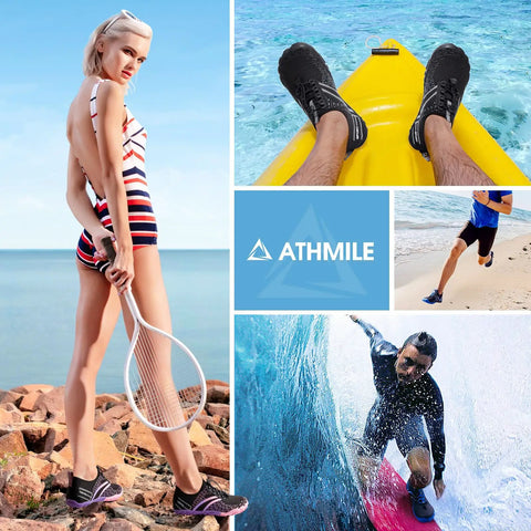 Collage of hiking barefoot water shoes for men and women in diverse activities like beach, kayaking, running, and surfing.