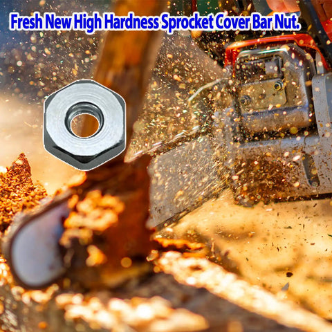 Chainsaw cutting wood with sprocket cover bar nut, part of the 5 Piece Chainsaw Bar Nut Replacement Kit Sprocket Cover Nut Fits MS170 MS170C