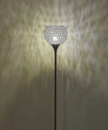 Lit Silver Spherical Crystal Floor Lamp With Elegant Bead Shade Tall Chrome Pole Standing Light Modern LED Home Decor