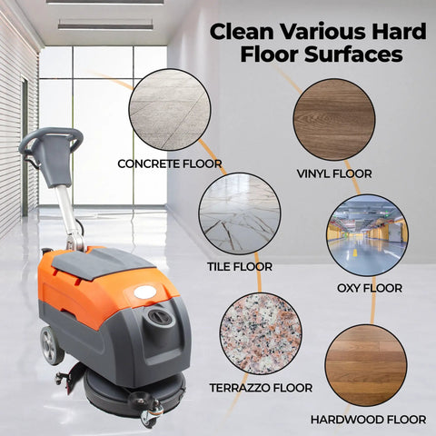 17 Inch Walk Behind Floor Scrubber Machine With 7.9 To 9.2 Gallon Tanks, 19000 Sq Ft Per Hour, Anti Collision Wheel For Protection