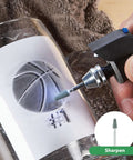 Dremel 4300 rotary tool with grinding bit; close-up view of tool in use on a white plastic bottle surface.