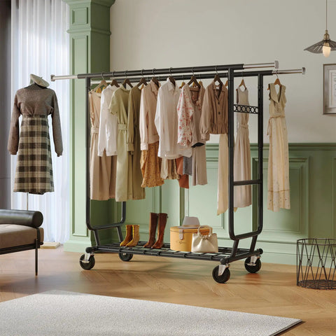 Rock Solid Heavy Duty Clothing Rack Featuring Double Hanging Rods And Commercial Grade Stainless Construction Built Tough For Master Bedroom Or Boutique Display Rooms