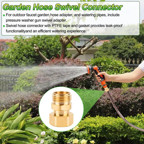 Three Quarter Inch Garden Hose Swivel Connector 360 Degree Female To Male Brass Adapter With PTFE Tape And Washer Prevents Tangles Easy Watering For Quick No Fuss Setup. Brass hose swivel adapter for garden watering and pressure washer use