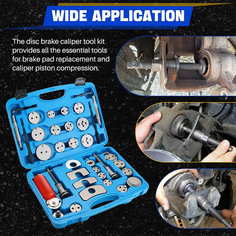 35 Piece Disc Brake Caliper Tool Kit with heavy-duty piston caliper compressor, 24 adapters, and use demonstration images.