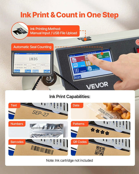 Control panel of Continuous Bag Sealer Machine With Adjustable Temp And Speed showing ink print and seal count features.