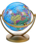 Rotating Desktop Globe With Stand 14.2cm Blue Frame Educational World Sphere featuring countries and oceans on a gold stand.