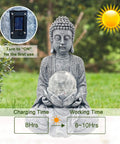 Dope Zen Solar Buddha Statue With Cracked Glass Ball Light in garden setting, showing solar panel, charging 8-10 hours