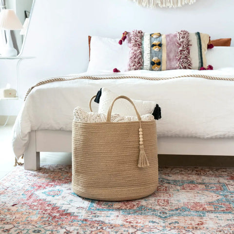 Woven Rope Storage Basket With Handles For Blankets, Toys, Clothes And Plants, Natural Jute Organizer Bin in bedroom setting