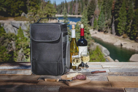 Ultimate Date Night Duo Grab And Go Wine Tote With Cheese Board Two Bottle Insulated Cooler Bag Set With Corkscrew Knife Adjustable Strap For Couples Kickback Essentials In Black on outdoor picnic.