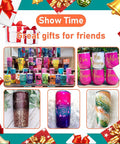Colorful display of custom glitter tumblers with personalized names, showing Six Cup Tumbler Turner For Crafts Two Way Spinner Machine Kit.