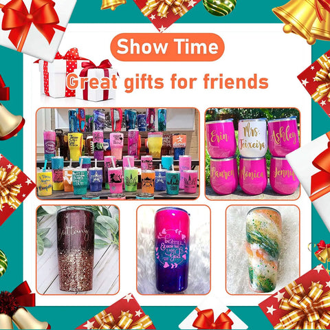 Colorful display of custom glitter tumblers with personalized names, showing Six Cup Tumbler Turner For Crafts Two Way Spinner Machine Kit.