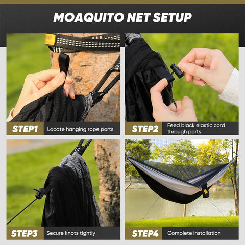 Setup process for Bug Free Camping Hammock With Mosquito Net 500 Lb Capacity Includes Tree Straps 2 In 1 Double Or Single Setup