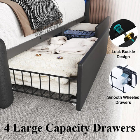 Rock Solid Full Size Bed Frame With Plush Faux Leather Upholstery And Four Seamless Gliding Storage Drawers Plus Handy LED Accent Lights, showcasing 4 large storage drawers.
