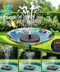 Solar Bird Bath Fountain With Colorful LED Lights And Adjustable Spray Heights in garden with three water spray settings.