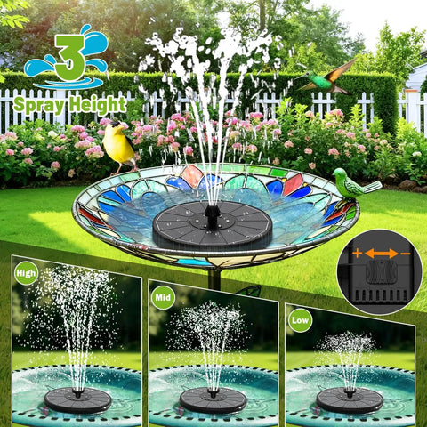 Solar Bird Bath Fountain With Colorful LED Lights And Adjustable Spray Heights in garden with three water spray settings.
