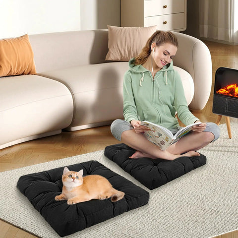 Thickened Floor Cushion For Meditation And Yoga Large 22x22 Inch Square Black Cozy Memory Sponge Pad With Nine Tufted Points To Prevent Deformation Relieves Hip And Leg Pressure Back Support Ideal For Tatami Living Room And Relaxation, used on carpet