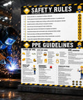 Welder at work beside PPE Safety Posters Two Pack 17 By 24 Inch Workplace Safety Rules Signage For Construction And Industrial Sites OSHA Compliant