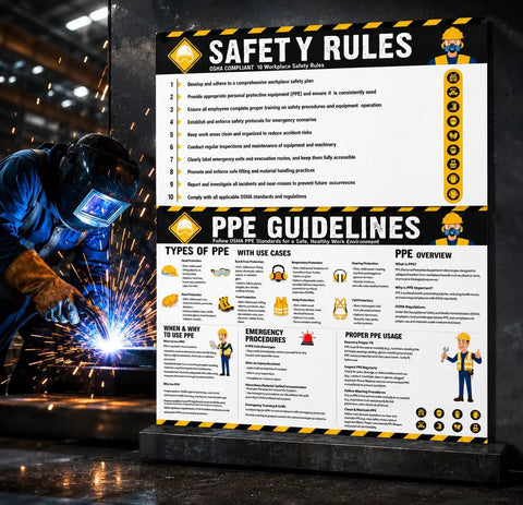 Welder at work beside PPE Safety Posters Two Pack 17 By 24 Inch Workplace Safety Rules Signage For Construction And Industrial Sites OSHA Compliant
