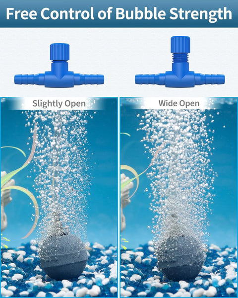 Two Pawfly blue aquarium air control valves for 3/16 in ID tubing; front and side views