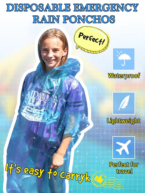 Child wearing a blue 40 Pack Disposable Rain Ponchos For Adults With Drawstring Hood And Elastic Sleeves, lightweight and waterproof.