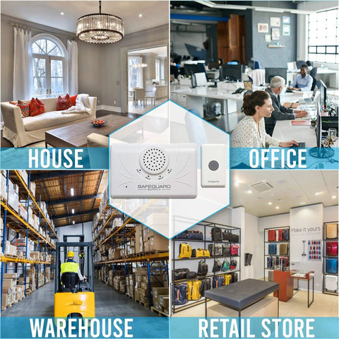 Extra Loud Wireless Doorbell Kit With 120dB Siren for busy warehouses, retail stores, houses, and office environments.