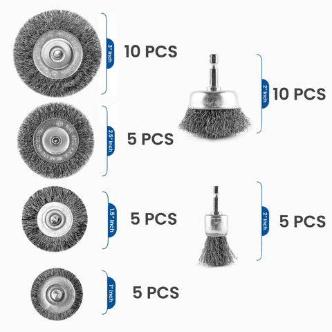 40 Piece Drill Wire Brush Kit With Cup, Wheel, And End Brushes For Rust Removal, Paint Stripping And Metal Cleaning, Universal