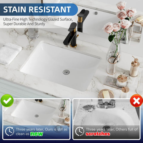 Top Shelf White Fireclay Undermount Bathroom Sink Rectangle 18X13 Inch with modern faucet on marble countertop.