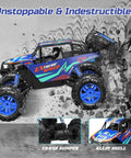 Large 1:8 Scale Monster Truck RC Car for adults and teens crashing into a wall, demonstrating its durability and off-road capabilities.