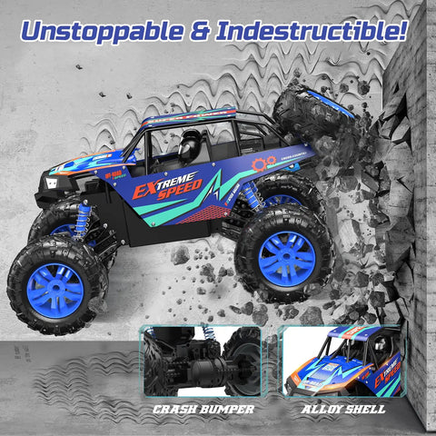 Large 1:8 Scale Monster Truck RC Car for adults and teens crashing into a wall, demonstrating its durability and off-road capabilities.