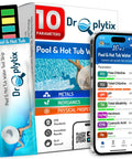 Packaging and app display of 10-In-1 Pool And Spa Water Test Kit With App For Hot Tubs And Saltwater Pools, Detects Free And Total Chlorine.