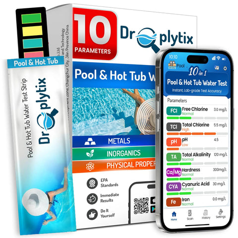 Packaging and app display of 10-In-1 Pool And Spa Water Test Kit With App For Hot Tubs And Saltwater Pools, Detects Free And Total Chlorine.