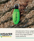 Arborist 16 Oz Throw Weight Bag For Tree Climbing And Rigging, Tear Resistant Nylon Throw Bag in Neon Green on tree bark