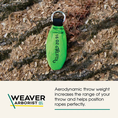 Arborist 16 Oz Throw Weight Bag For Tree Climbing And Rigging, Tear Resistant Nylon Throw Bag in Neon Green on tree bark