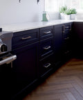 Kitchen cabinets with Brushed Nickel Cabinet Handles 5-1/16 Inch 128mm 10 Pack Recessed Square Drawer Pulls installed.