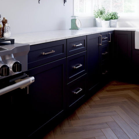 Kitchen cabinets with Brushed Nickel Cabinet Handles 5-1/16 Inch 128mm 10 Pack Recessed Square Drawer Pulls installed.