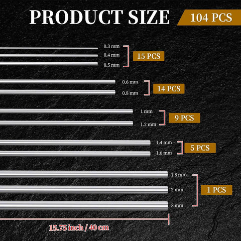 104‑piece stainless steel spring wire set, 40 cm length, diameters 0.3–3.0 mm with per‑size counts (15/14/9/5/1 pcs).