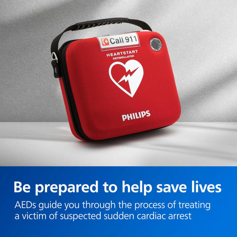 Front view of red Philips HeartStart OnSite AED in slim carry case with carrying strap
