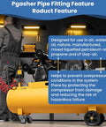 Air compressor on wheels, yellow, in a workshop with a worker nearby.