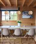 Top Tier Hand Woven Wicker Pendant Lights Trio Boasts A Natural Rattan Dome Shell With Long Adjustable Wires And Ready To Use Bulbs over wooden dining table.